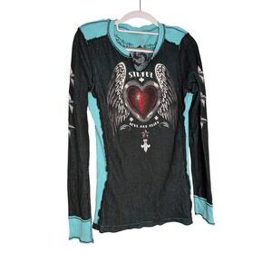 Sinful by Affliction Y2K Thermal Reversible Glitter Heart Turquoise & black top